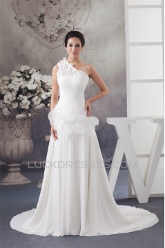 A-Line Chiffon Satin Sleeveless One-Shoulder Most Beautiful Wedding Dresses 2030529
