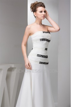 A-Line Chiffon Silk like Satin Strapless Beaded Sweep Train Wedding Dresses 2030530