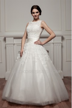 A-Line Satin Fine Netting Sleeveless Portrait Lace Wedding Dresses 2030535