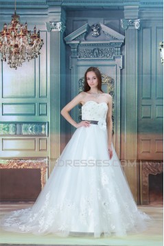 A-Line Sleeveless Satin Fine Netting Lace Sweetheart Wedding Dresses 2030542