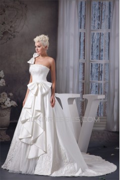 A-Line Sleeveless Satin Taffeta One-Shoulder Lace Wedding Dresses 2030545