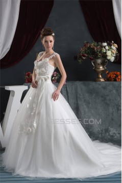 A-Line Straps Sleeveless Satin Lace Fine Netting Wedding Dresses 2030560