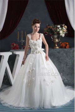A-Line Straps Sleeveless Satin Lace Fine Netting Wedding Dresses 2030560