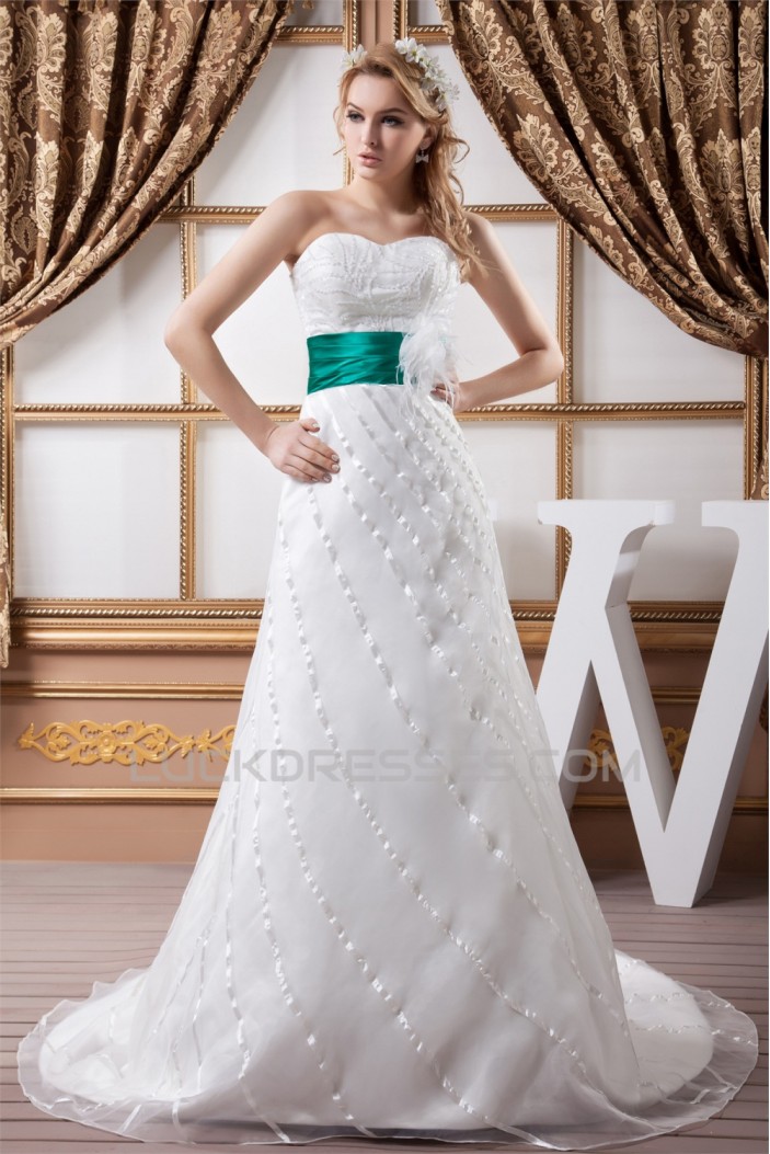 A-Line Strapless Satin Sleeveless Beaded Wedding Dresses 2030562