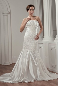Beautiful Satin Taffeta Sleeveless Lace Halter Wedding Dresses 2030629
