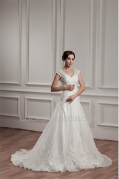 Breathtaking V-Neck A-Line Satin Organza V-Neck Lace Wedding Dresses 2030647
