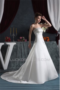 Elegant Satin Strapless A-Line Sleeveless Beaded Wedding Dresses 2030667