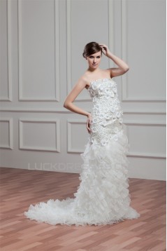 Elegant Sleeveless Mermaid/Trumpet Satin Organza Beaded Wedding Dresses 2030672