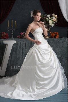 Elegant Strapless A-Line Satin Sleeveless Lace Wedding Dresses 2030675