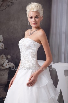 Elegant Strapless A-Line Sleeveless Satin Beaded Lace Wedding Dresses 2030676