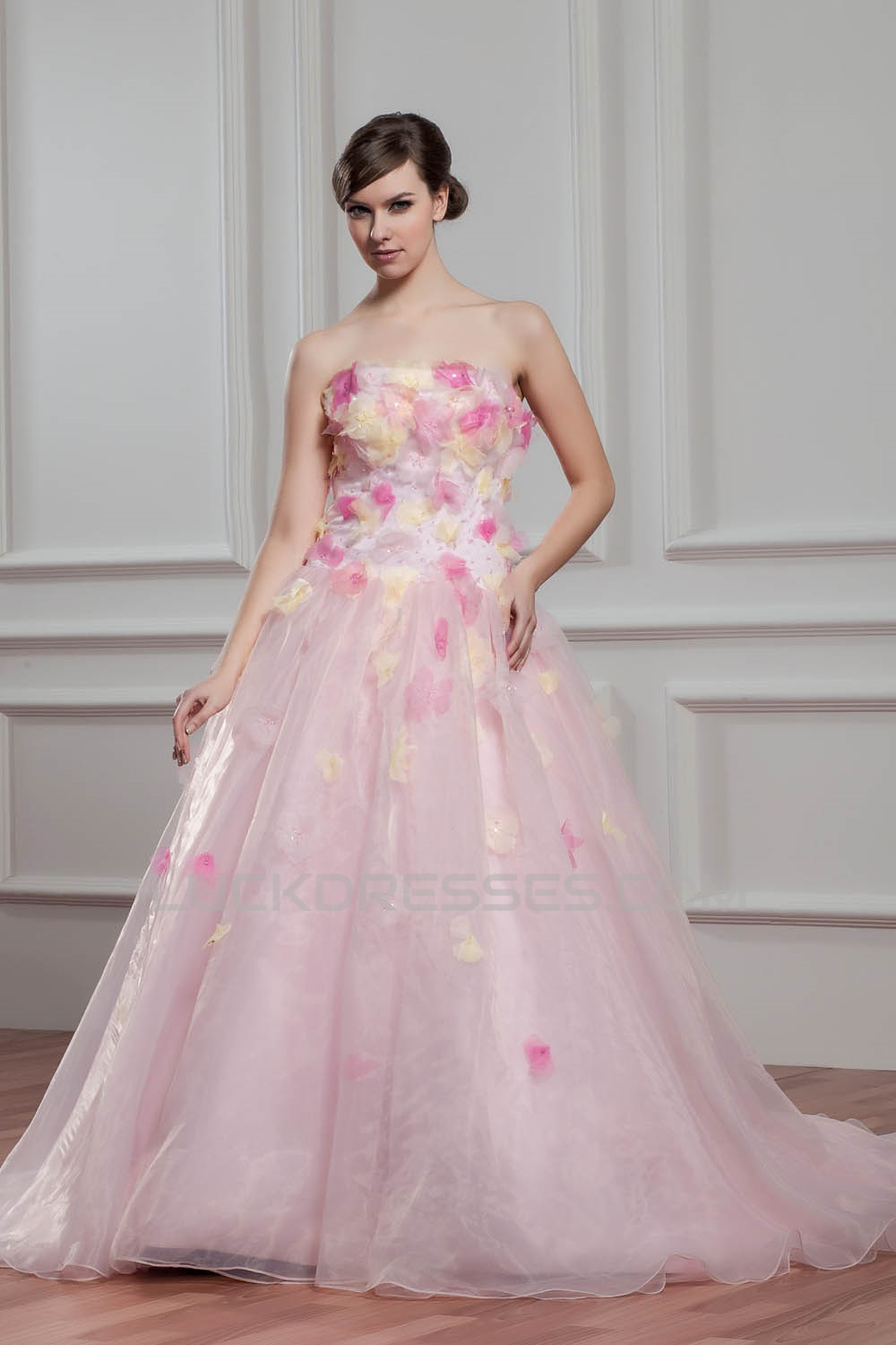 Fantastic Strapless A-Line Sleeveless Satin Organza Wedding Dresses 2030693