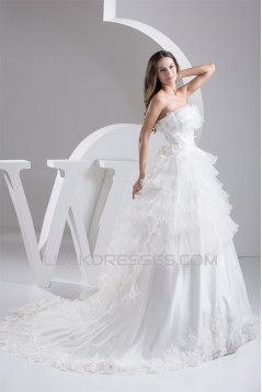 Fantastic Strapless Satin Fine Netting Sleeveless Lace Wedding Dresses 2030694