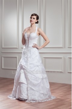 A-Line Satin Organza Sleeveless Halter Beaded Lace Wedding Dresses 2030720