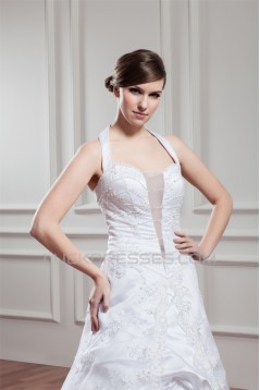 A-Line Satin Organza Sleeveless Halter Beaded Lace Wedding Dresses 2030720