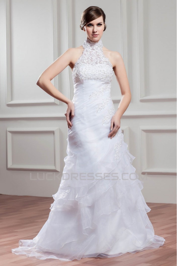 High-Neck A-Line Satin Organza Sleeveless Wedding Dresses 2030739