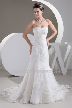 Elegant Trumpet/Mermaid Sweetheart Satin Lace Sleeveless Wedding Dresses 2030744
