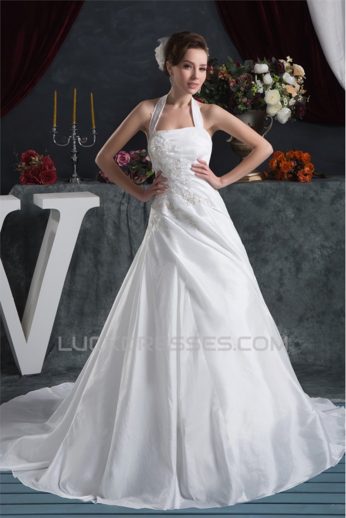 Latest Design Satin Taffeta A-Line Sleeveless Halter Sweet Wedding Dresses 2030760