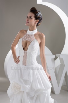 Mermaid/Trumpet High-Neck Sleeveless Satin Taffeta Lace Little White Dresses 2030770