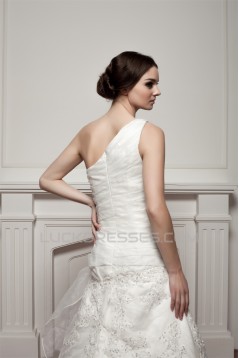 A-Line Satin One-Shoulder Sleeveless Sweet Wedding Dresses 2030786