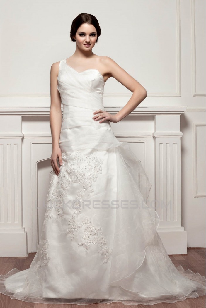 A-Line Satin One-Shoulder Sleeveless Sweet Wedding Dresses 2030786