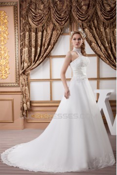 New Design Halter Satin Lace A-Line Sleeveless Wedding Dresses 2030790