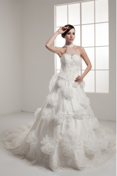 New Design High-Neck Satin Lace A-Line Sleeveless Sweet Wedding Dresses 2030792