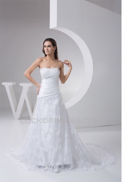 Elegant A-Line Satin Lace Strapless Wedding Dresses 2030795