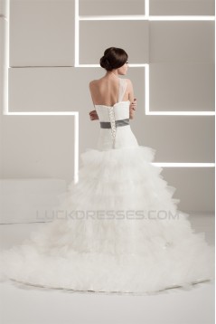 One-Shoulder A-Line Sleeveless Satin Taffeta Fine Netting Wedding Dresses 2030813
