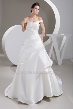 A-Line Satin Fine Netting Off-the-Shoulder New Arrival Wedding Dresses 2030839
