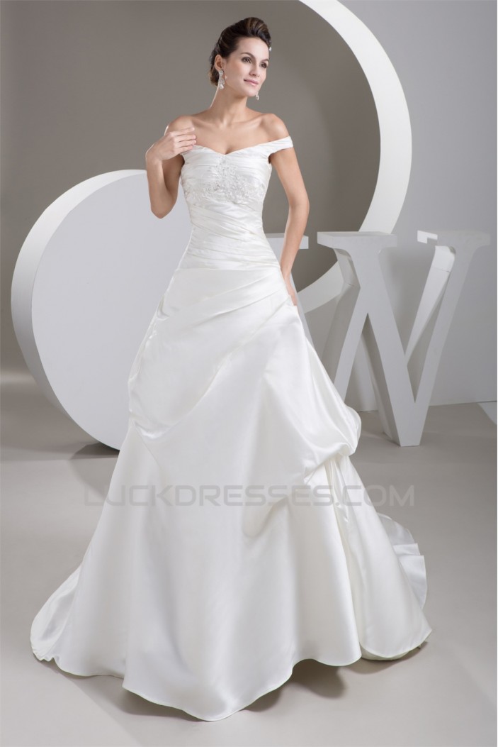 A-Line Satin Fine Netting Off-the-Shoulder New Arrival Wedding Dresses 2030839