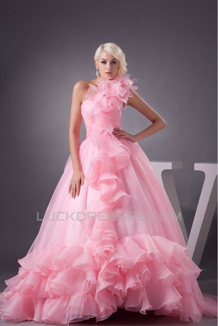 Satin Fine Netting One-Shoulder A-Line Sleeveless Pink Wedding Dresses 2030840