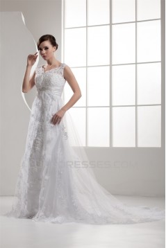 A-Line Satin Fine Netting Beaded Lace Sleeveless Straps Wedding Dresses 2030841
