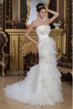 Satin Mermaid/Trumpet Sleeveless Strapless Beaded Lace Wedding Dresses 2030858