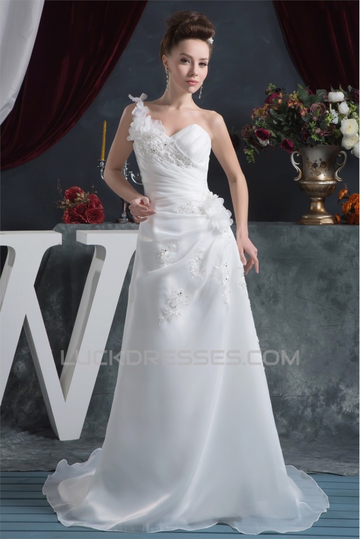 Sheath/Column One-Shoulder Satin Organza Beautiful Beaded Lace Wedding Dresses 2030872