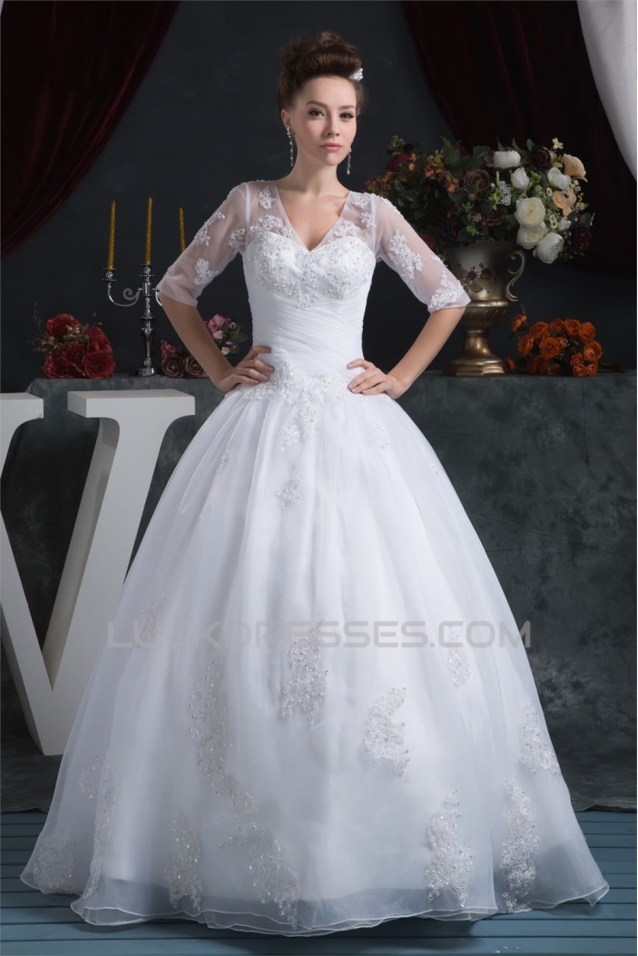 Ball Gown Satin Organza V-Neck Half Elbow Sleeve Floor-Length Wedding Dresses 2030873