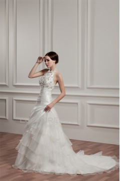 Satin Taffeta Halter A-Line Sleeveless Beaded Lace Wedding Dresses 2030886
