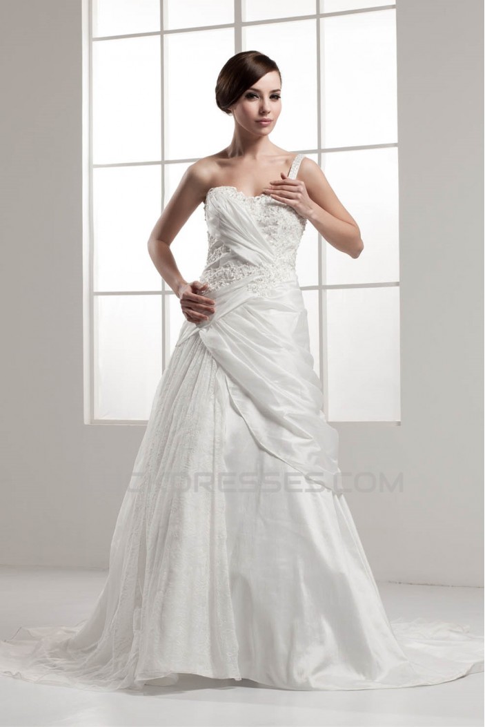 A-Line One-Shoulder Sleeveless Satin Taffeta Lace Wedding Dresses 2030906