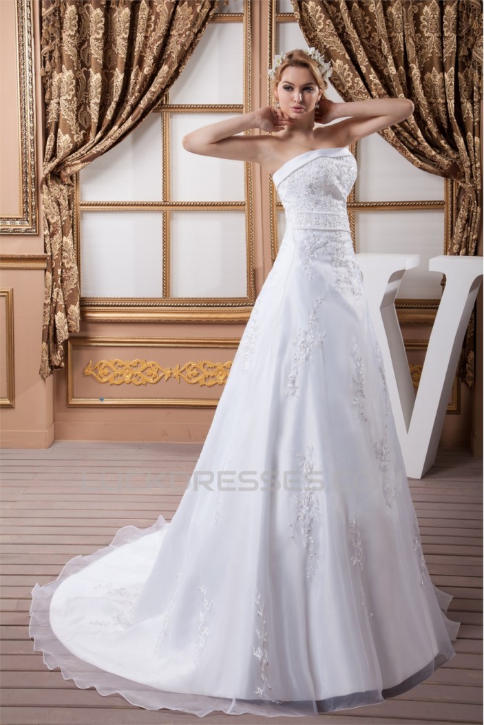 A-Line Satin Organza Strapless Beaded Lace Wedding Dresses 2030907