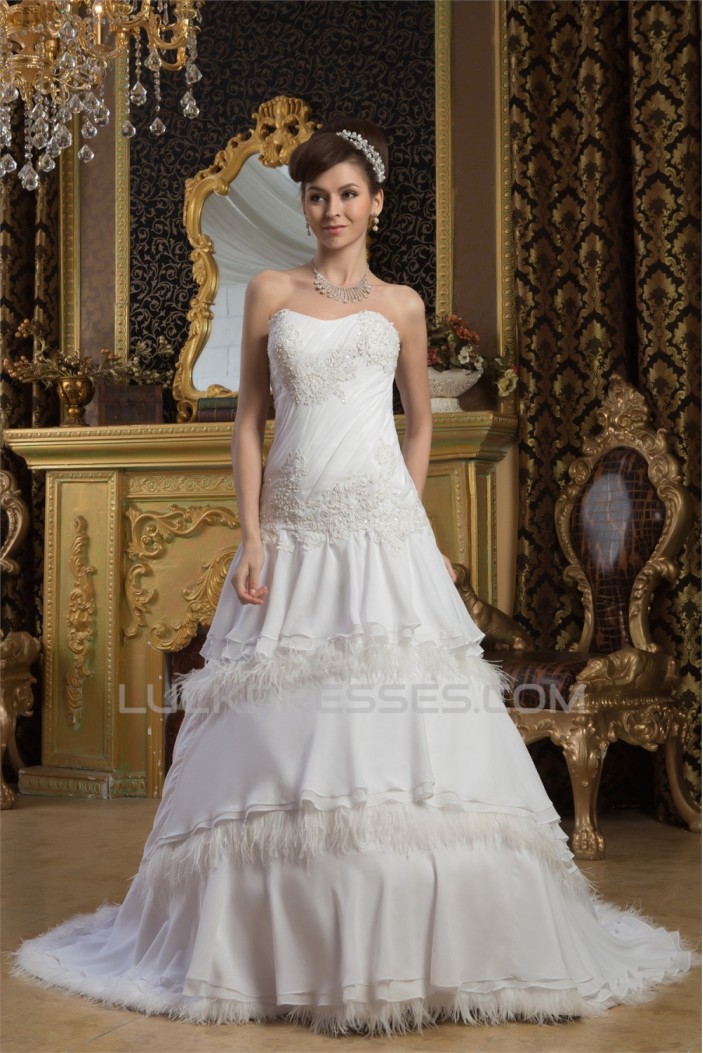 A-Line Strapless Chiffon Satin Feathers Most Beautiful Wedding Dresses 2030919