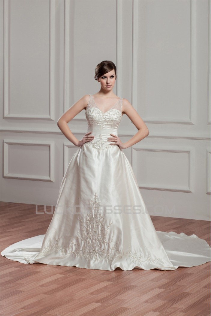 Sleeveless Sheer Satin Fine Netting A-Line Wedding Dresses 2030954