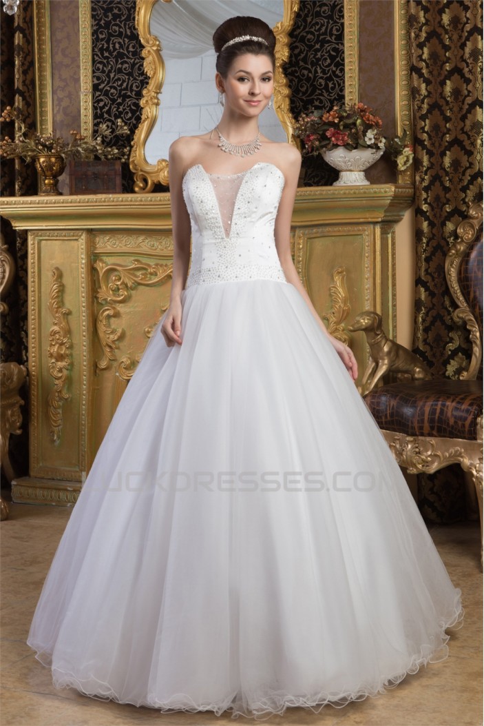 Sleeveless Strapless A-Line Satin Fine Netting Beaded Wedding Dresses 2030960