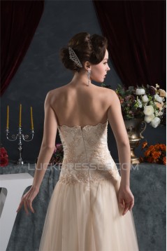 A-Line Sleeveless Strapless Satin Fine Netting Lace Floor-Length Wedding Dresses 2030961