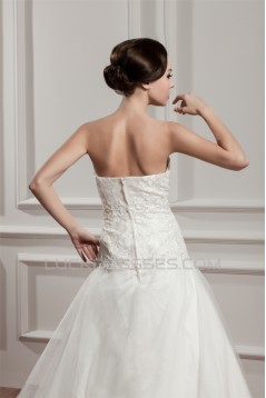 A-Line Sleeveless Strapless Satin Beaded Lace Wedding Dresses 2030963