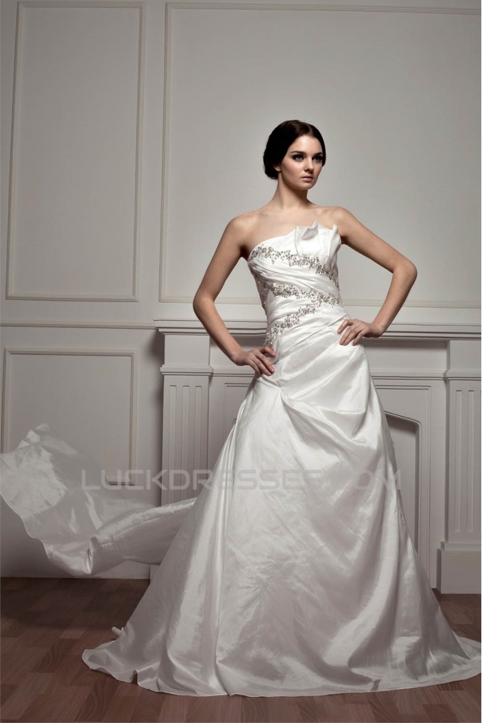 Sleeveless Strapless Satin Taffeta A-Line Beaded Wedding Dresses 2030967