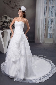 A-Line Strapless Satin Lace Wedding Dresses 2030979