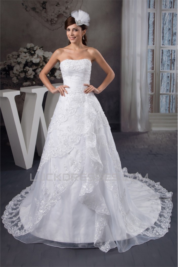 A-Line Strapless Satin Lace Wedding Dresses 2030979