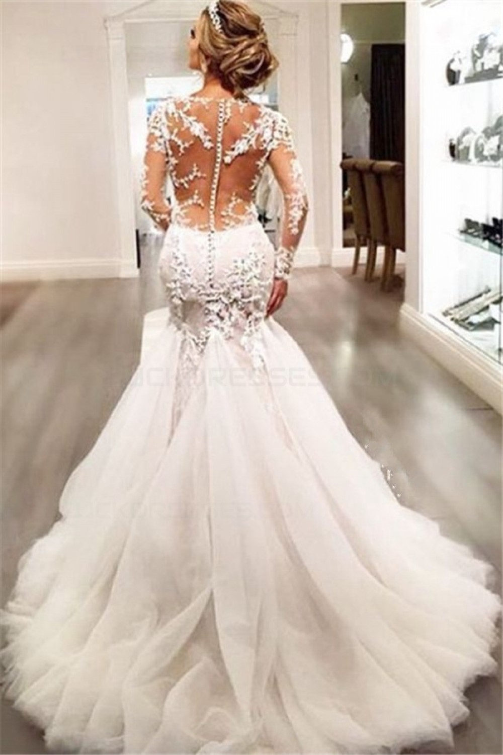 Long Sleeves Mermaid V Neck Lace Wedding Dresses Bridal Gowns 3030021