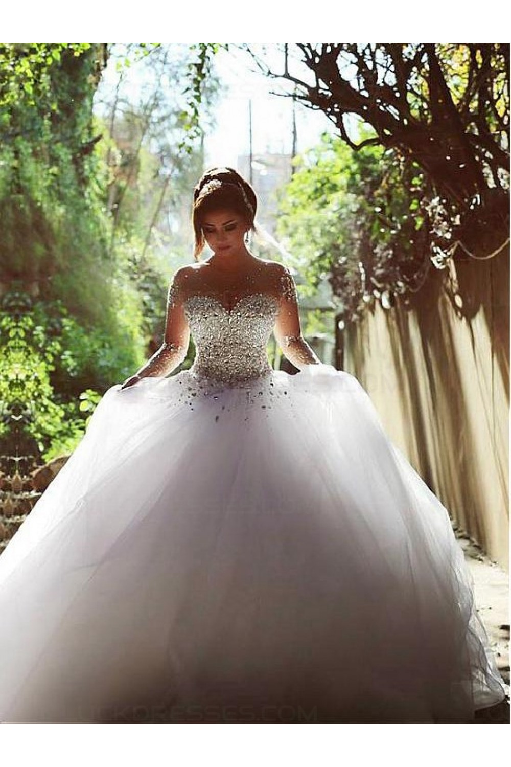 Long Sleeves Sheer Crystal Wedding Dresses Bridal Gowns