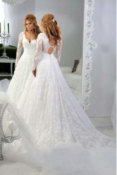 Long Sleeves V-Neck Lace Wedding Dresses Bridal Gowns 3030048