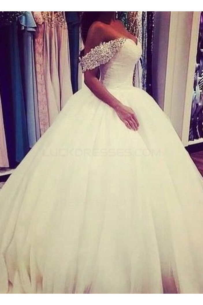 Ball Gown Off-the-Shoulder Beaded Tulle Wedding Dresses Bridal Gowns 3030082